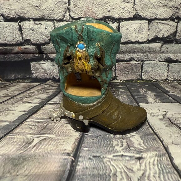 Vintage 1990's Young Inc. Teal Cowboy Boot Tea Light Holder - Picture 1 of 11